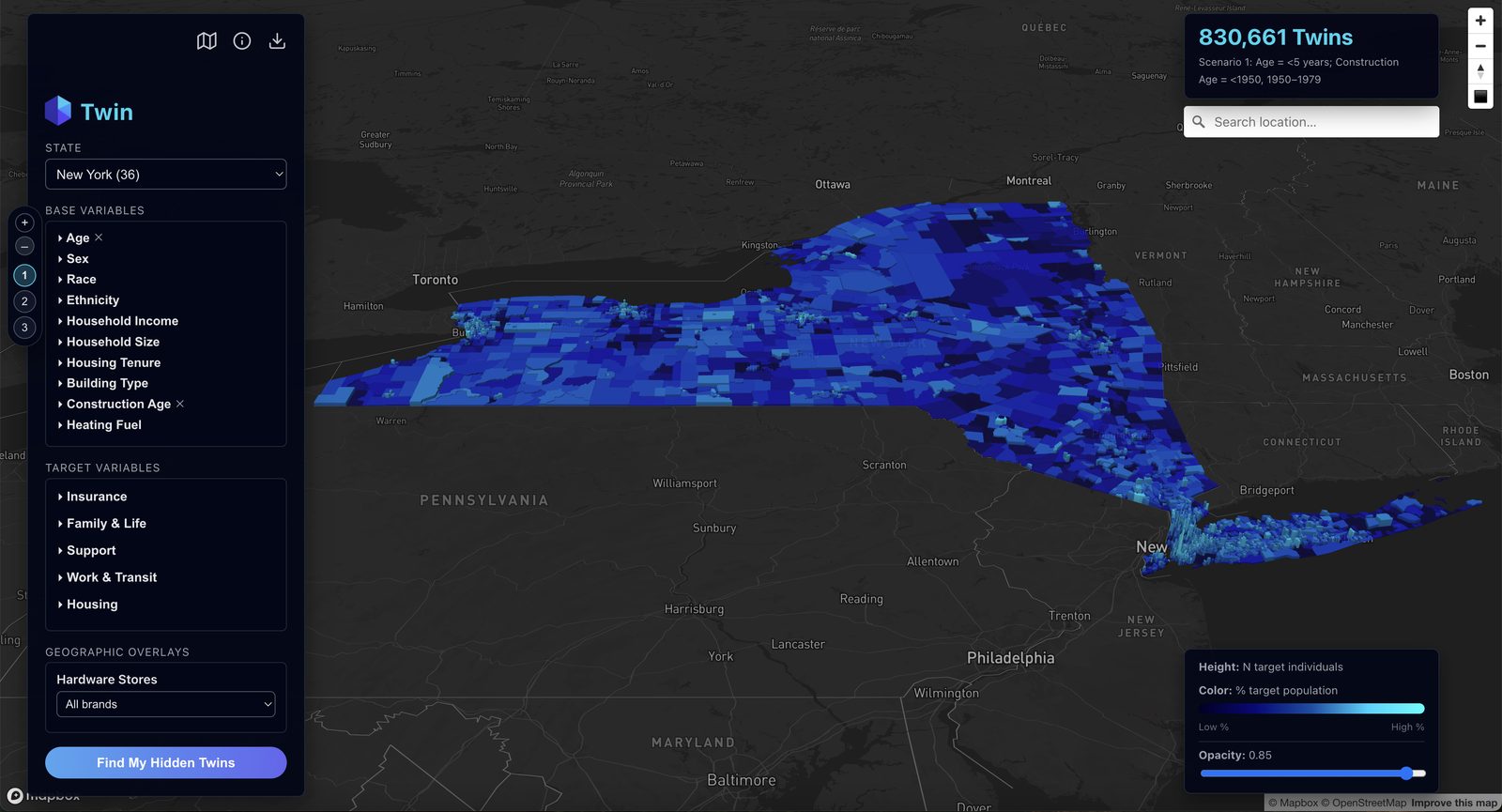 Twin platform view of New York State with matching census tracts highlighted