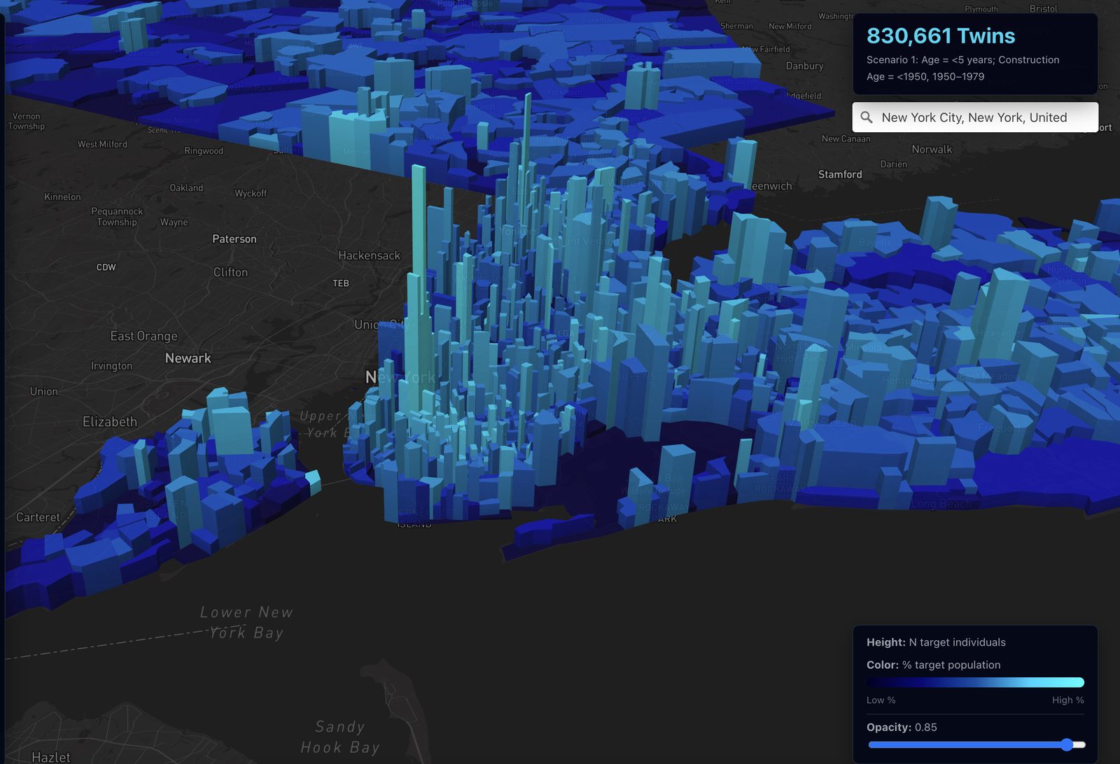 Twin map of New York City showing 830,661 matching synthetic residents as extruded census tracts